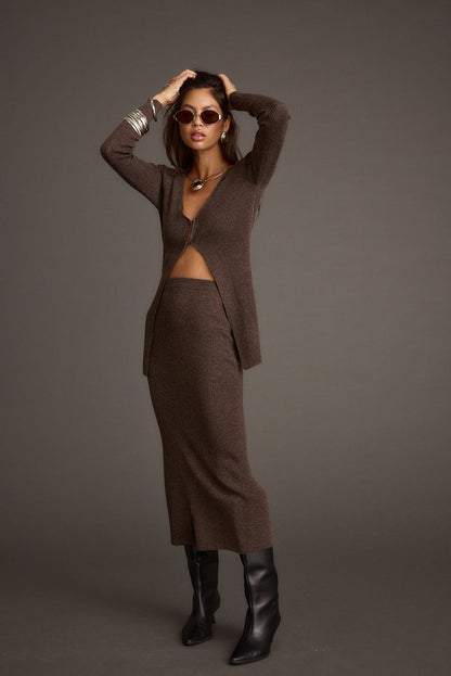 Back view of the mocha knit sweater showing the silhouette and fit.