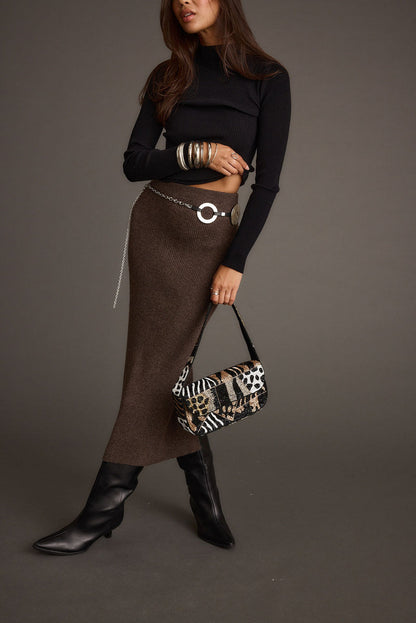 Tusk Mocha Sweater Midi Skirt paired with complementary accessories for a polished look.