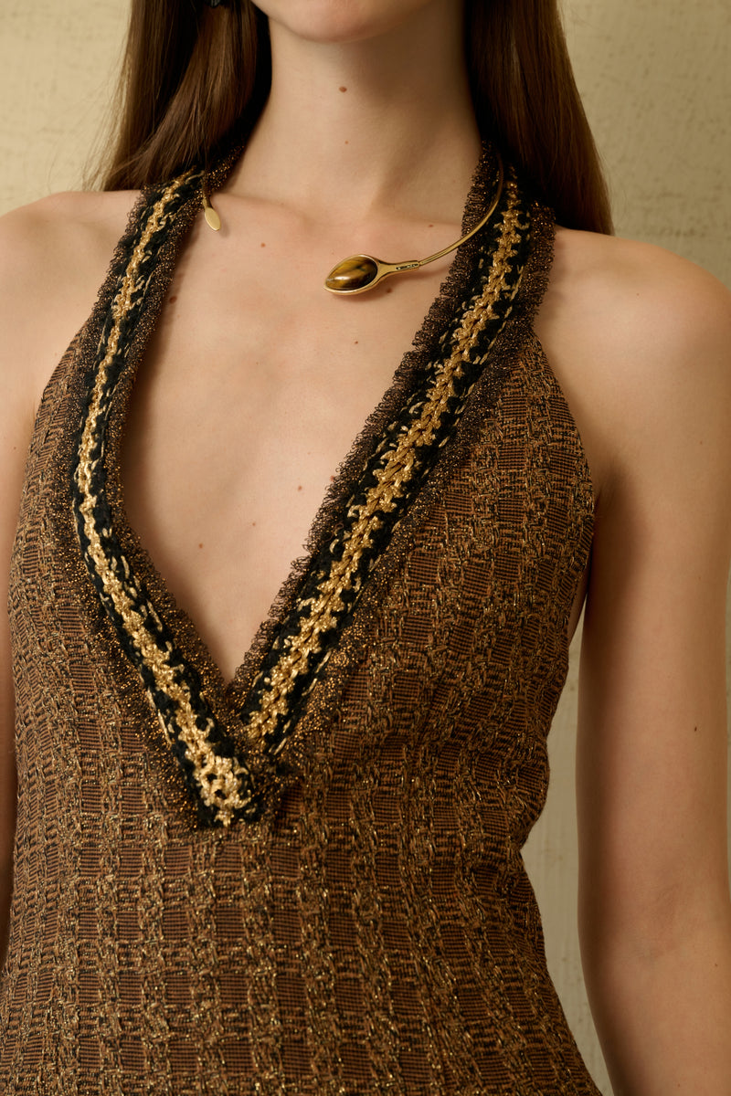 Tweed check halter-neck dress