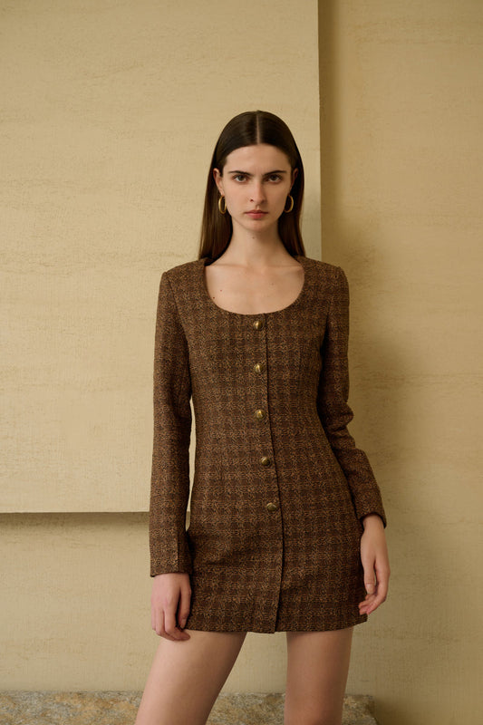 Tweed check long sleeve dress