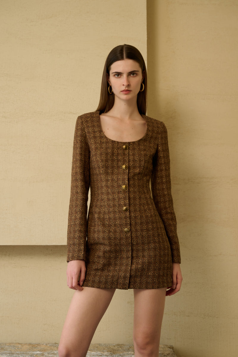 Tweed check long sleeve dress