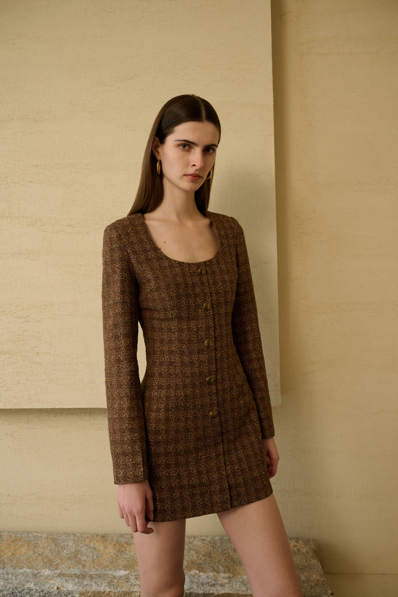 Tweed check long sleeve dress