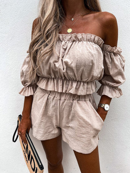 Unique Summer Off Shoulder Linen Shorts Suit