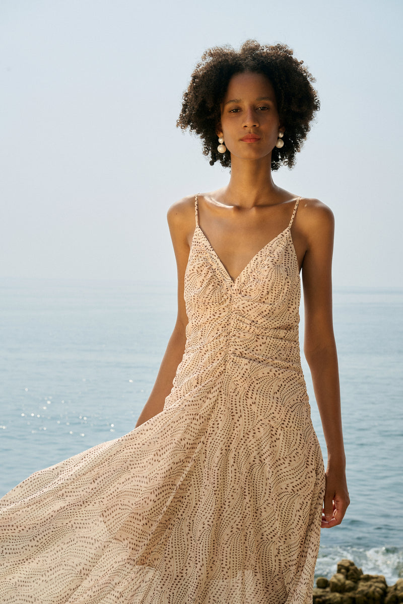 V neck ruched maxi dress