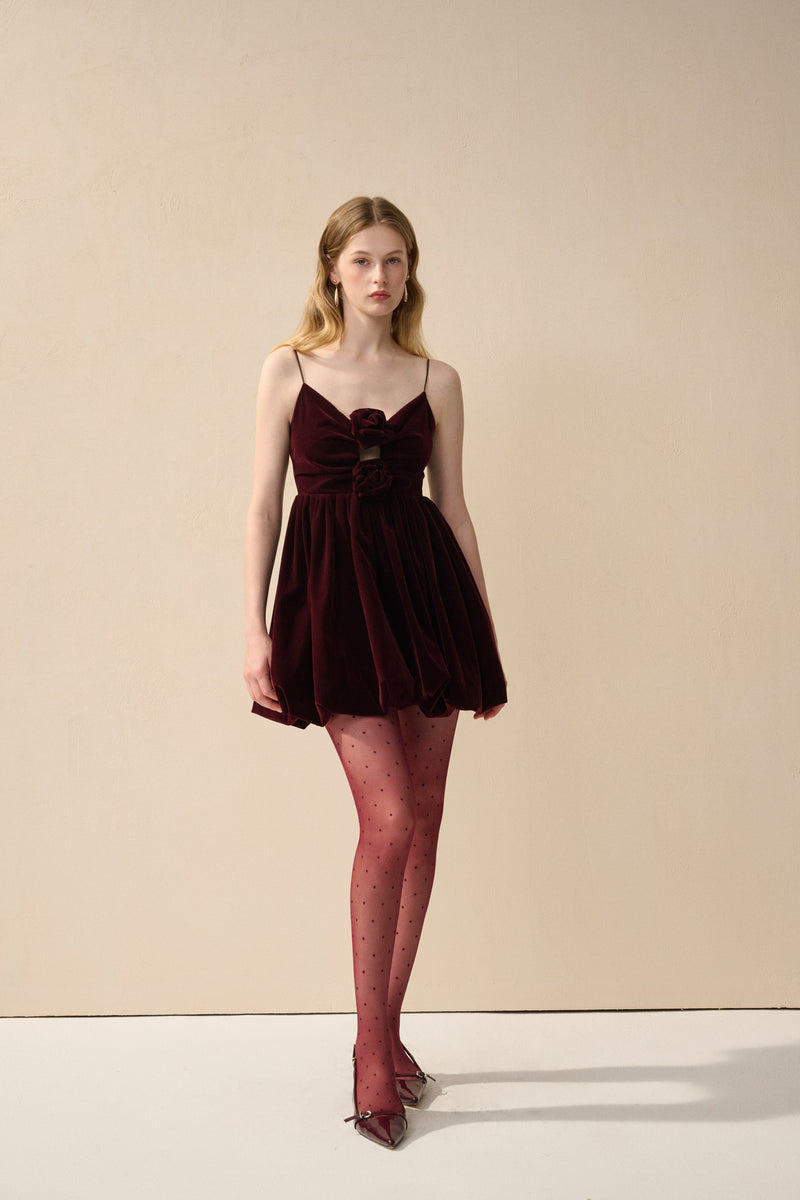 Velvet spaghetti strap rosette dress