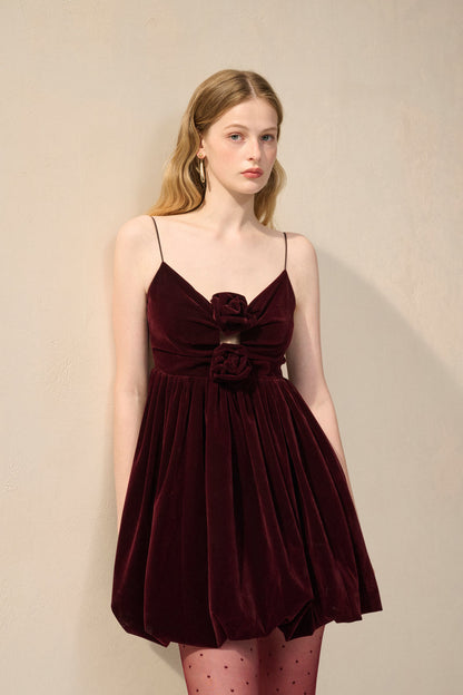 Velvet spaghetti strap rosette dress