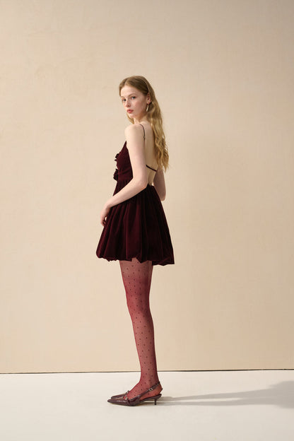 Velvet spaghetti strap rosette dress