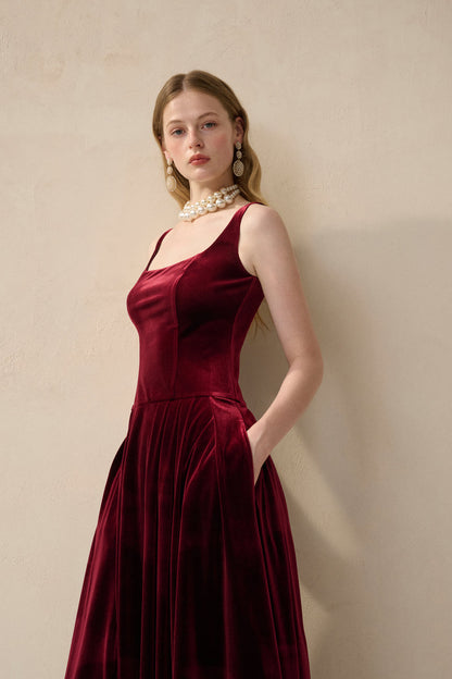 Velvet square neck midi dress
