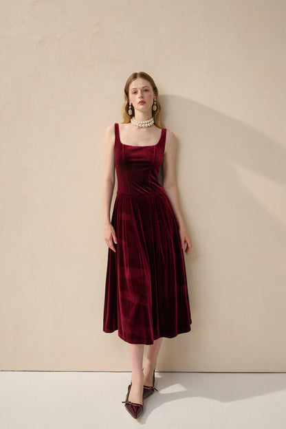 Velvet square neck midi dress