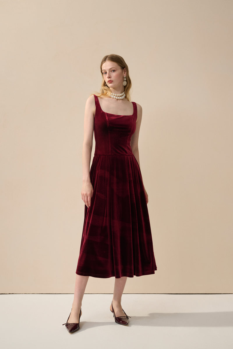 Velvet square neck midi dress