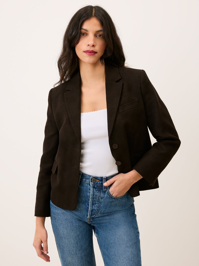 EDGAR coffee tone short blazer cotton jacquard jacket, front view by Rouje