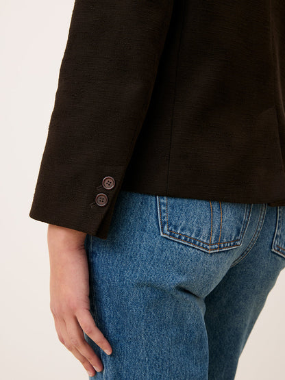 EDGAR coffee tone short blazer cotton jacquard jacket, lifestyle setting by Rouje