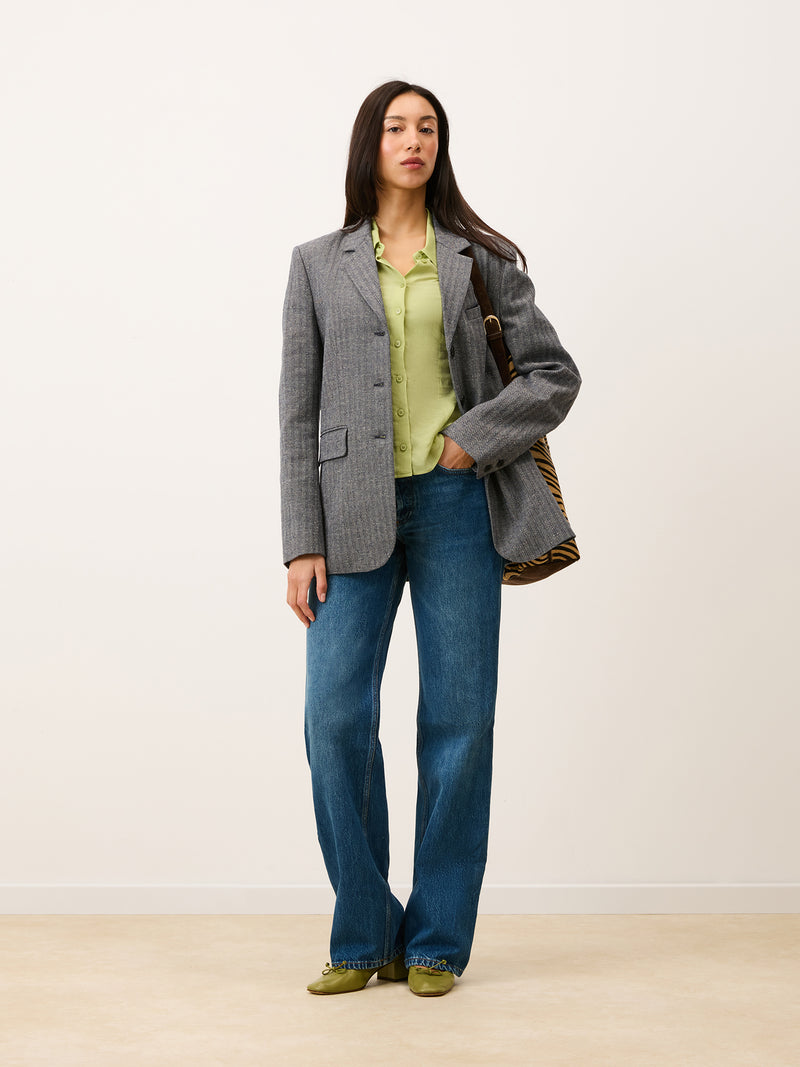 LAMBERT navy herringbone oversized jacket, side view by Rouje