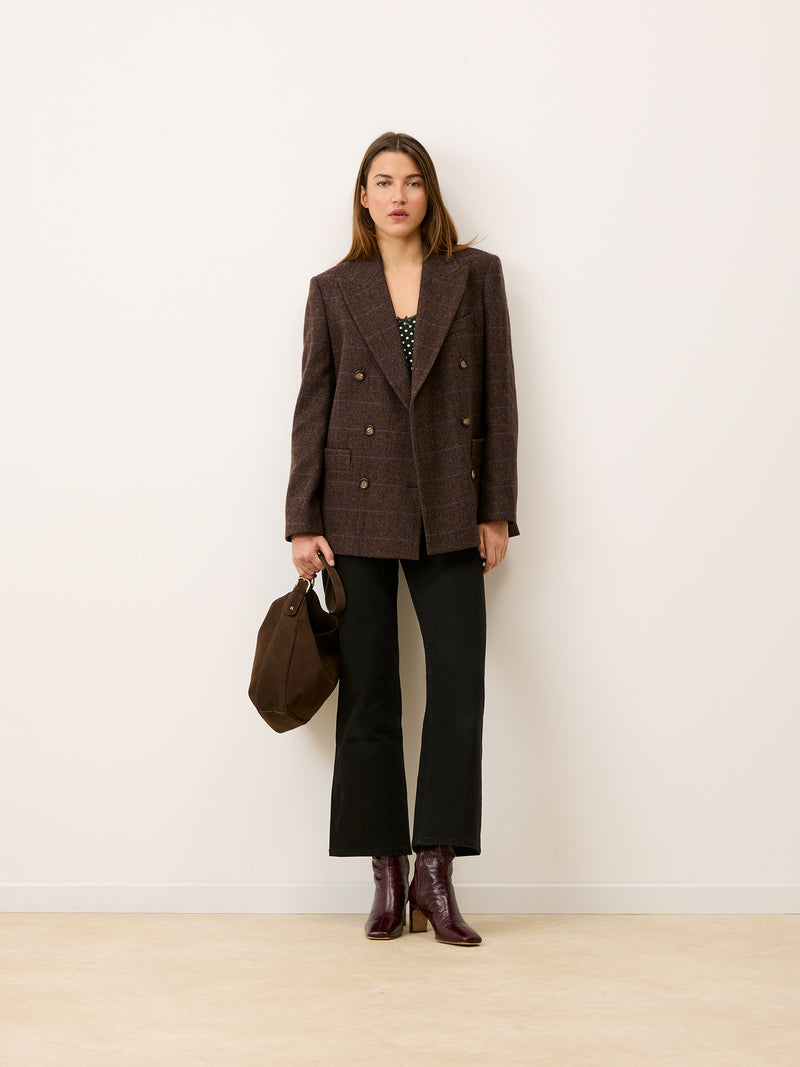 MARCEL chocolate chevron oversized double-breasted suit jacket, front view by Rouje