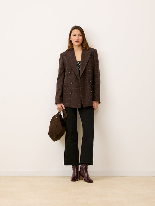MARCEL chocolate chevron oversized double-breasted suit jacket, front view by Rouje