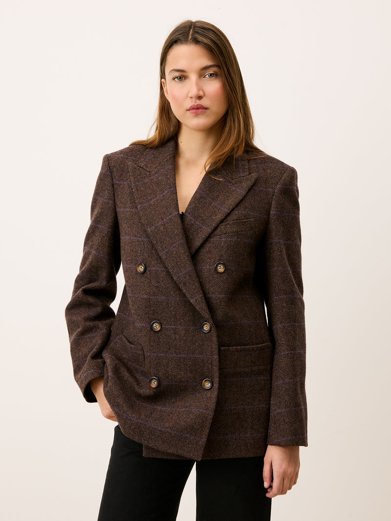 MARCEL chocolate chevron jacket, lifestyle setting by Rouje
