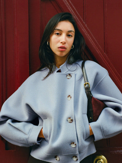 PAULIN sky blue double-face wool jacket worn on a model by Rouje