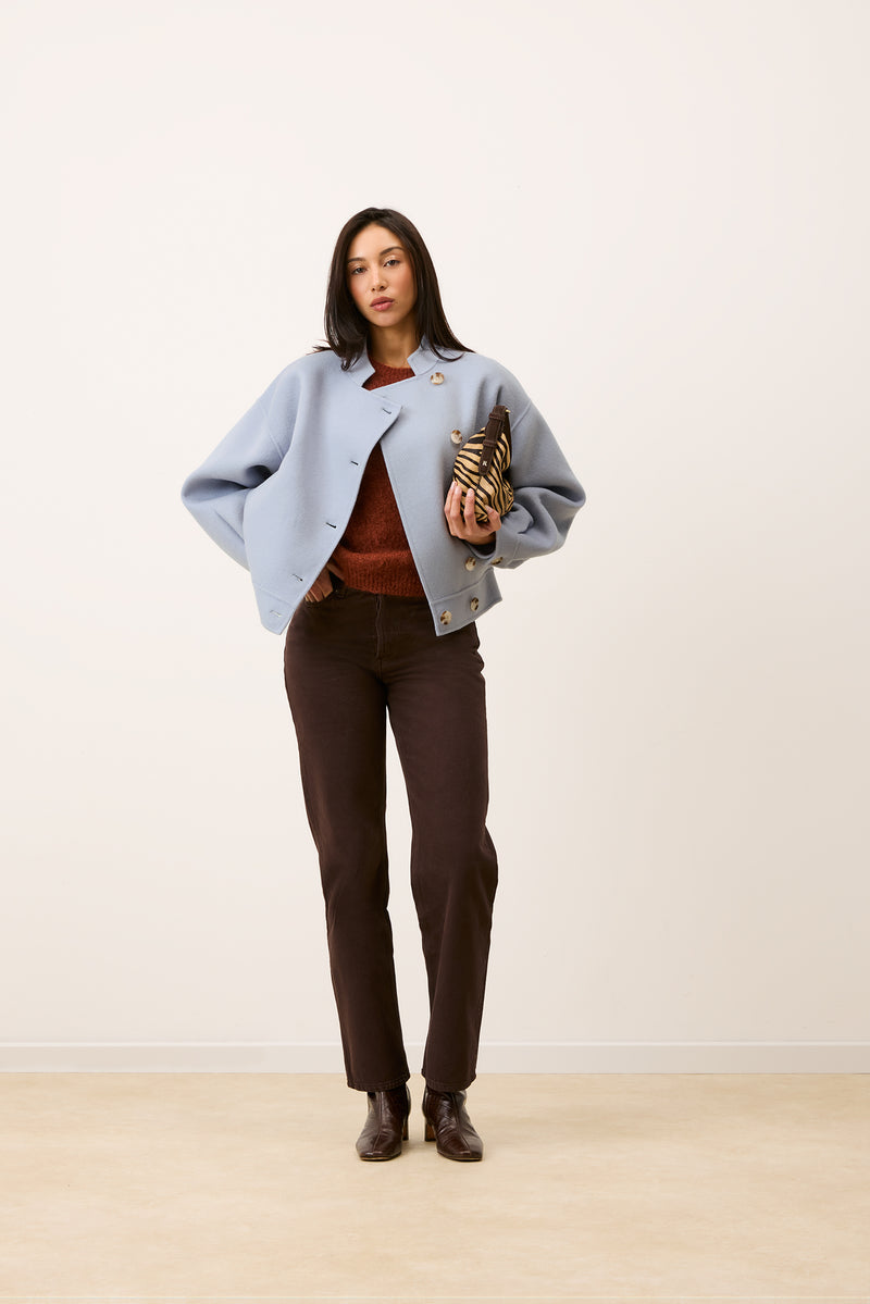 PAULIN sky blue double-face wool jacket, side view by Rouje