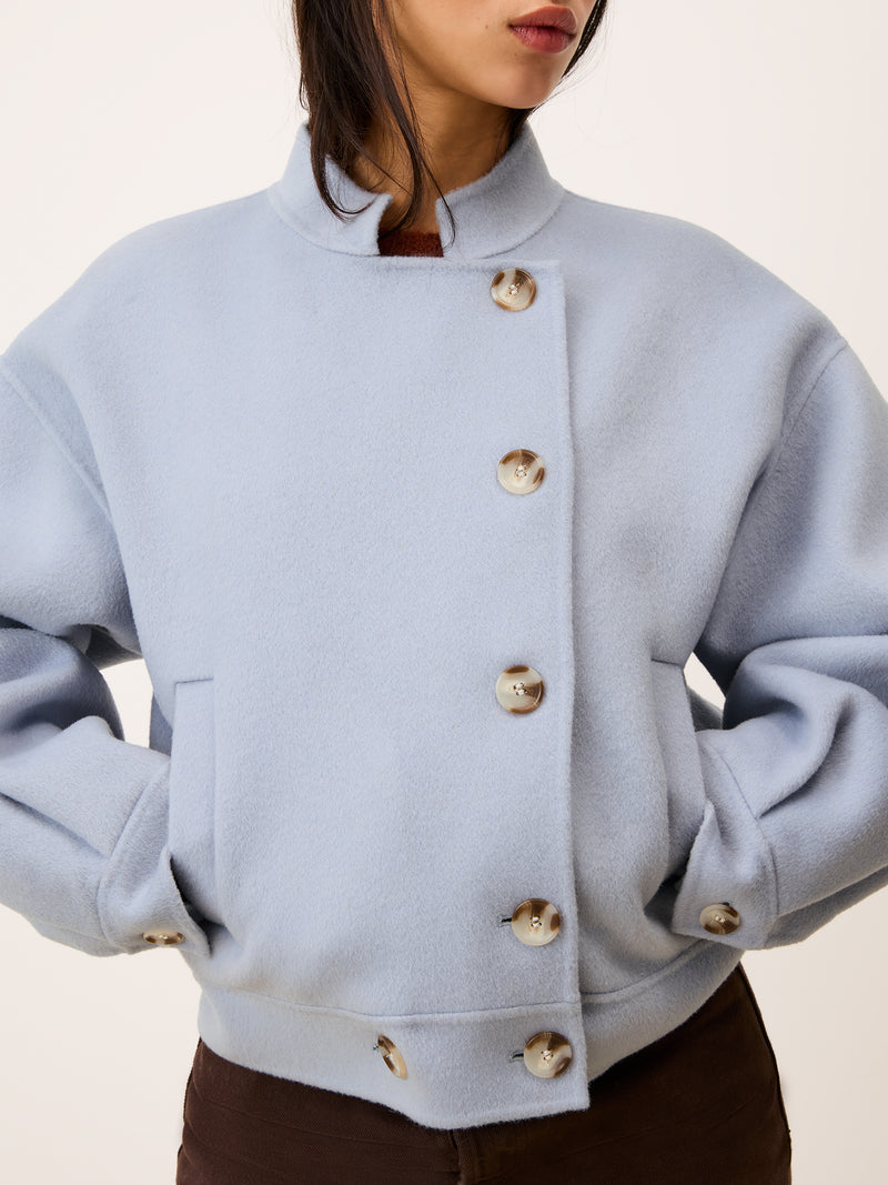 PAULIN sky blue wool jacket, detail of stand collar by Rouje