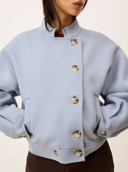 PAULIN sky blue wool jacket, detail of stand collar by Rouje