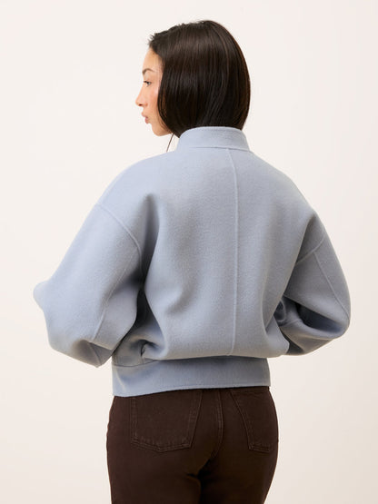 PAULIN sky blue double-face wool jacket, lifestyle setting by Rouje