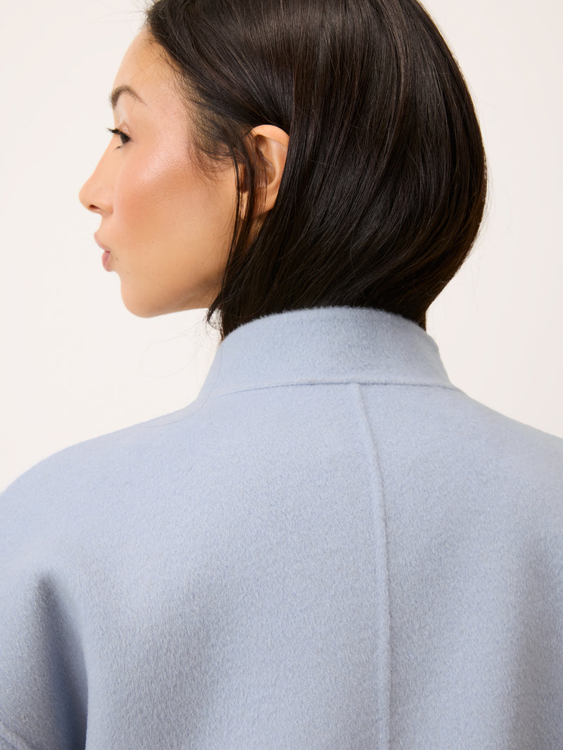 PAULIN sky blue oversized wool jacket, 3/4 view by Rouje