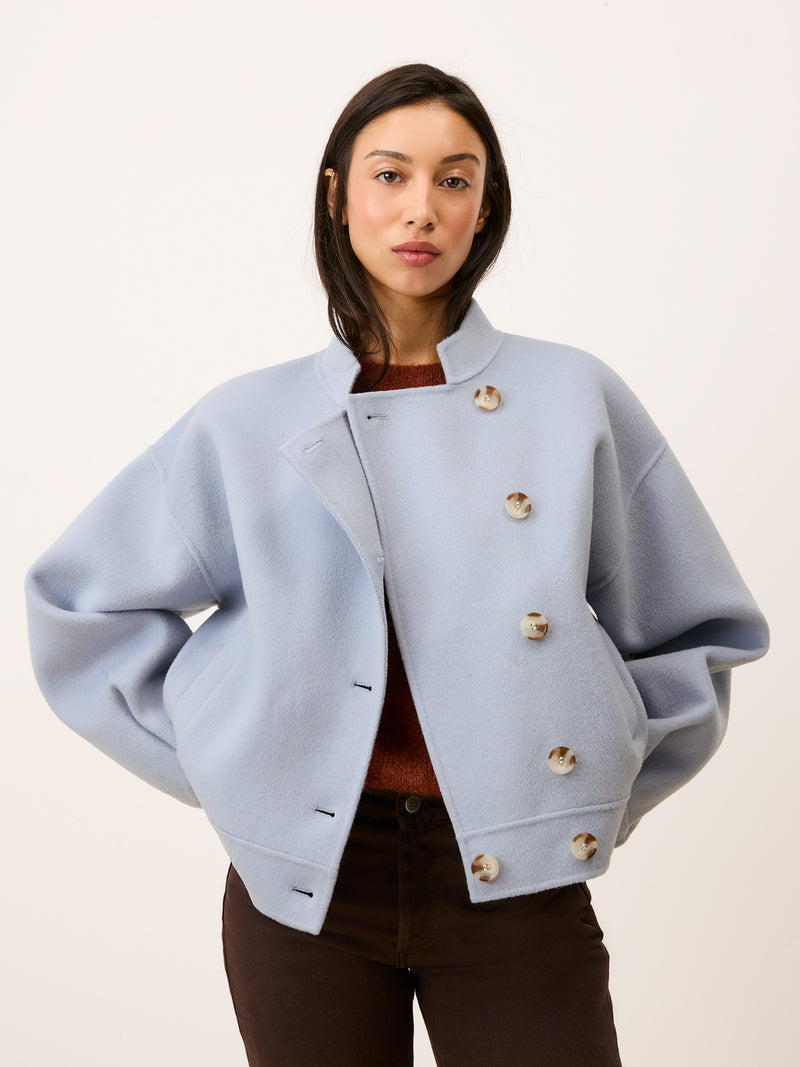 PAULIN sky blue double-face wool jacket, detail of topstitching by Rouje