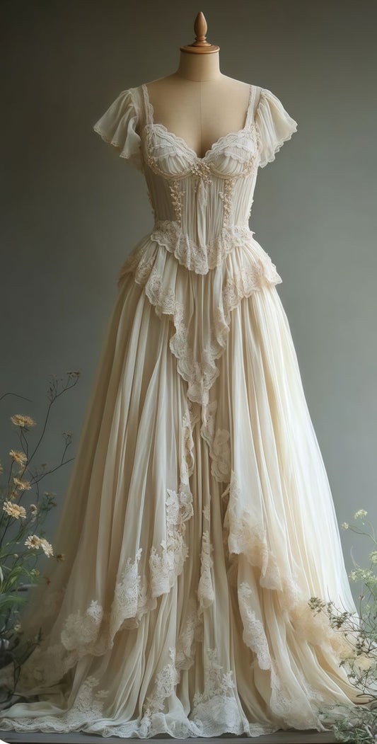 Vintage Lace Tulle Wedding Gown - Sweetheart Ruffles Bridal Dress with Cap Sleeves