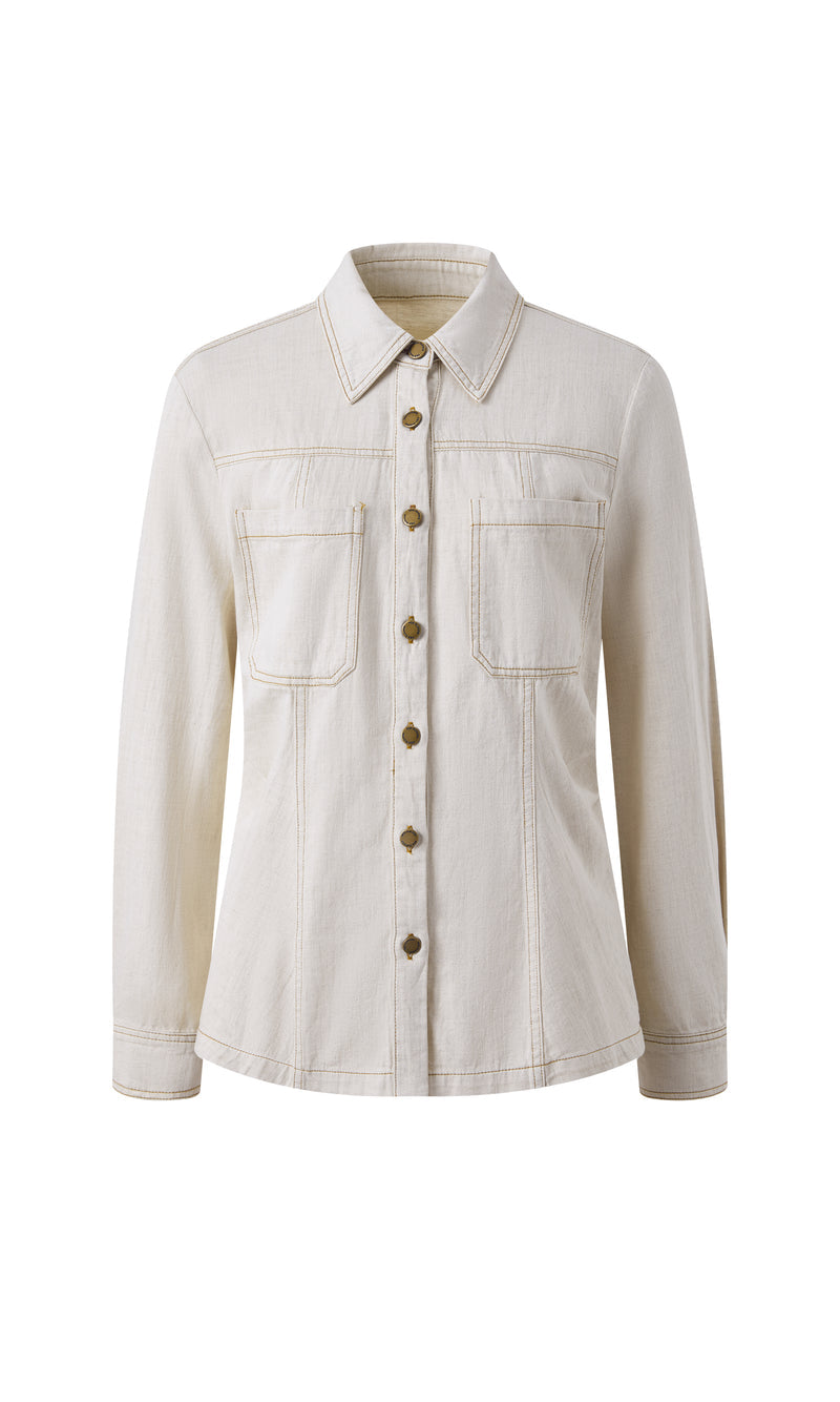 Washed denim cinched-waist shirt