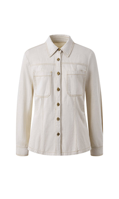 Washed denim cinched-waist shirt