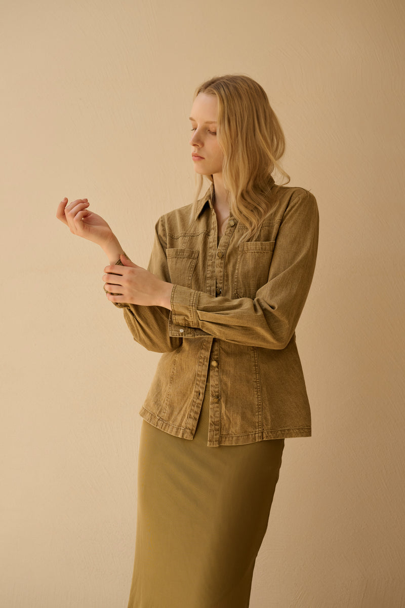 Washed denim cinched-waist shirt