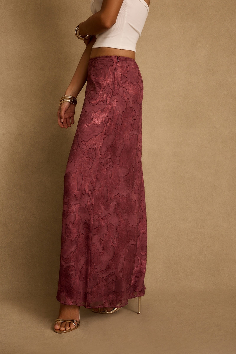Mulberry maxi skirt with floral textured fabric, styled with gold sandals and bangles.