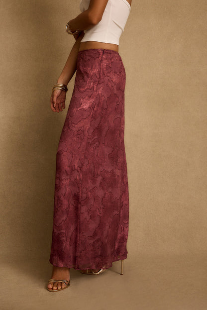 Mulberry maxi skirt with floral textured fabric, styled with gold sandals and bangles.