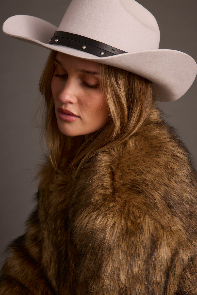 Close-up of the Whiskey Grey Cowboy Hat showcasing the fabric texture and design details.