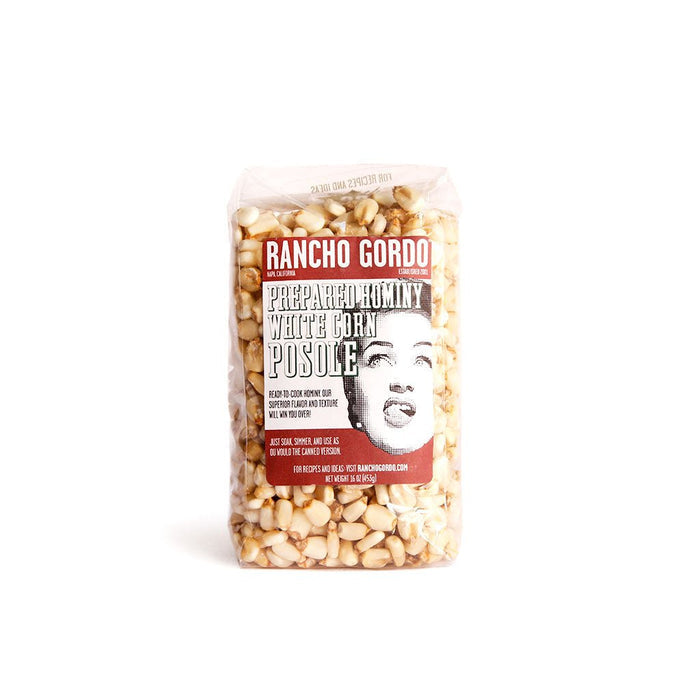 Bag of Rancho Gordo white corn posole on a white background