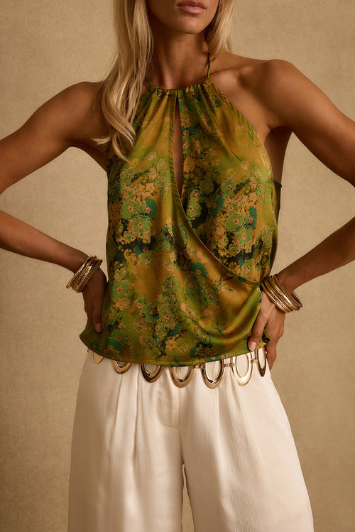 Wild Hibiscus Chartreuse Halter Top