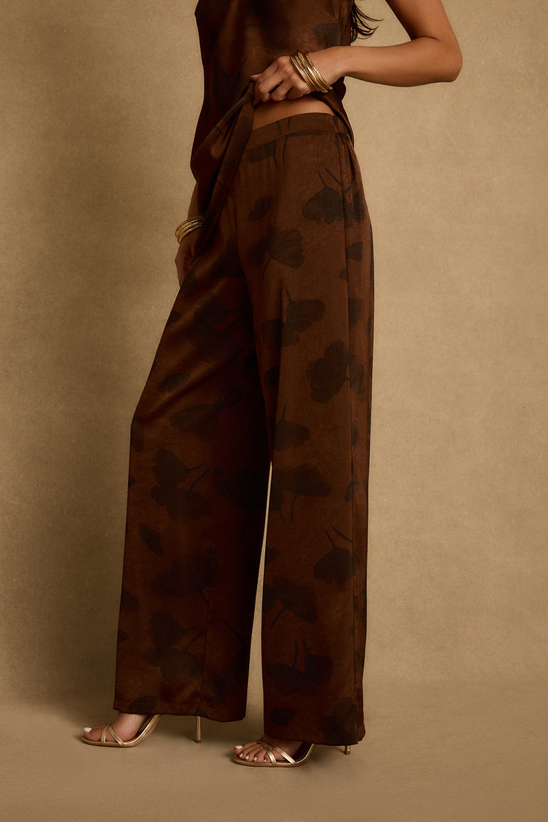 Yasmine Espresso Floral Satin Pants