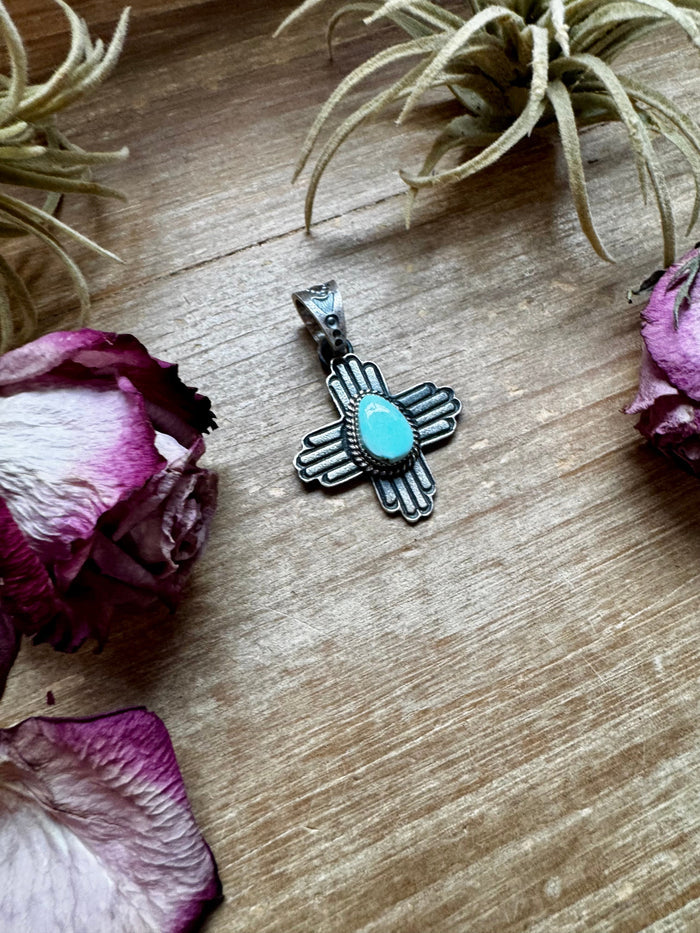 Zia Symbol Pendant with Golden Hill Turquoise – Sterling Silver – Native Made by K. Billah – Fits 8mm