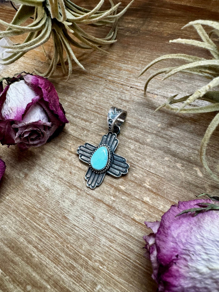 Zia Symbol Pendant with Golden Hill Turquoise – Sterling Silver – Native Made by K. Billah – Fits 8mm