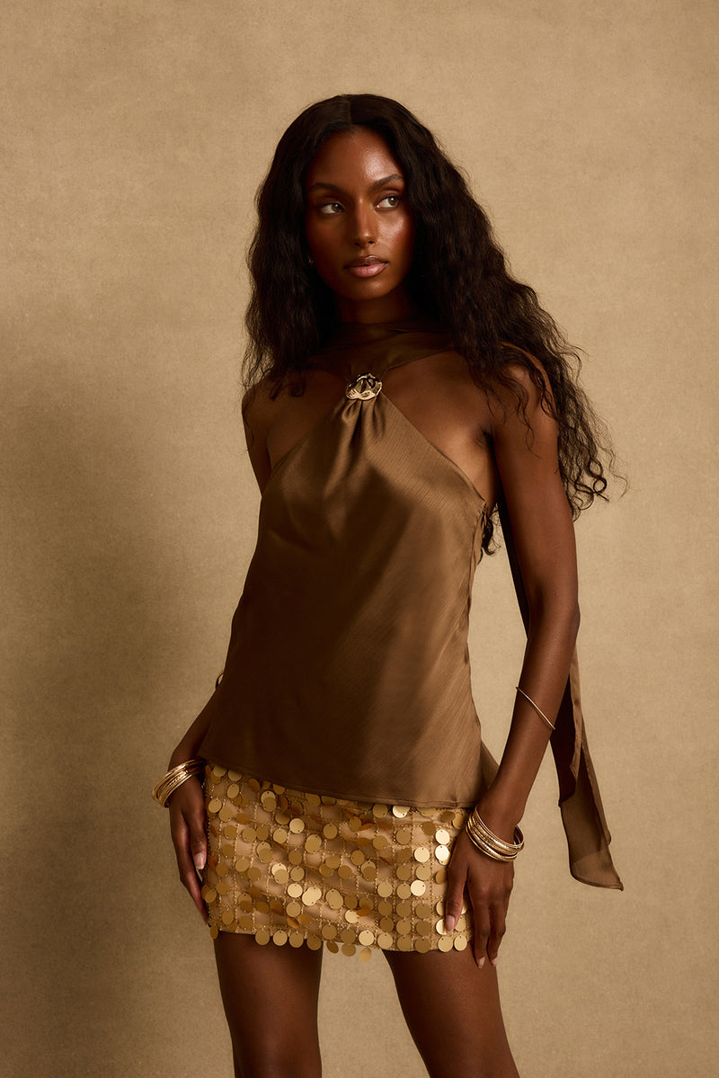 Zuma Bronze Satin Scarf Top